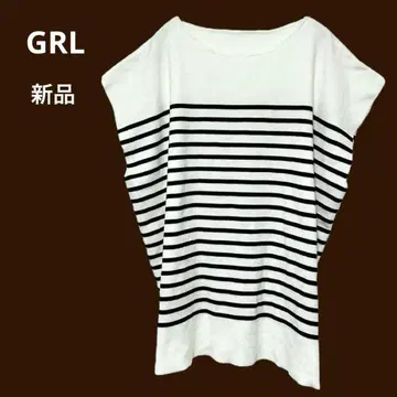 새상품 GRL 니트탑 프렌치 슬리브 보더 무늬 빅 화이트 F