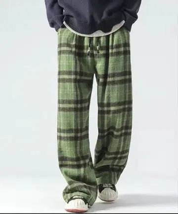 그린 체크 무늬 와이드 팬츠
