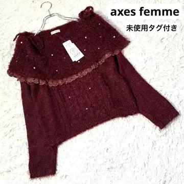 새상품 엑시즈팜 오프숄더 페더 니트 펄 장식 레이스 와인