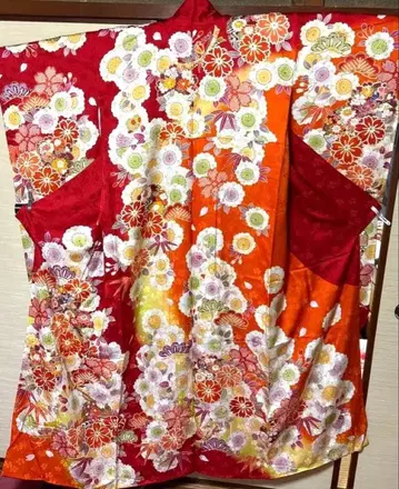 빨간색 x 오렌지 길상 꽃 후리소데 기장 157