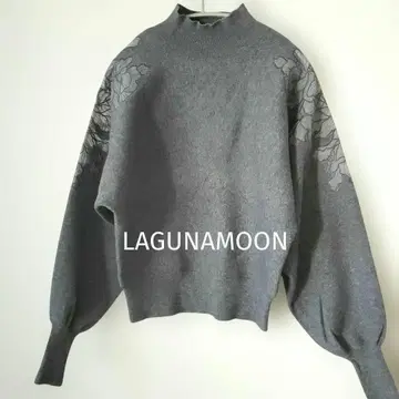 LAGUNAMOON 그레이 꽃무늬 자수 벌룬 소매 니트 맨투맨
