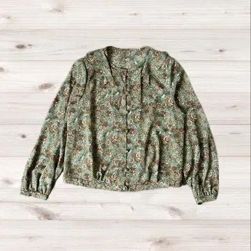 [ 레트로 ] 페이즐리 무늬 블라우스 긴팔 V넥 그린 브라운