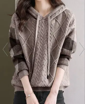 새상품 Doux Belle 케이블 짜임 보더 소매 후드 부착 니트