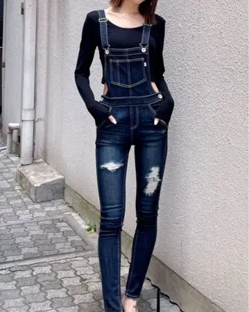 GYDA 데미지 데님 스키니 오버롤