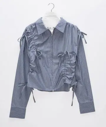 개더 리본 디자인 셔츠 블루