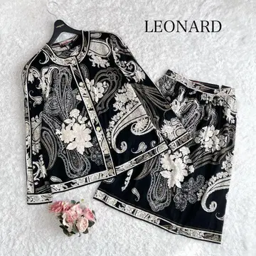레오나르 셋업 트리밍 꽃 스커트 가디건 골드 버튼 블랙 M