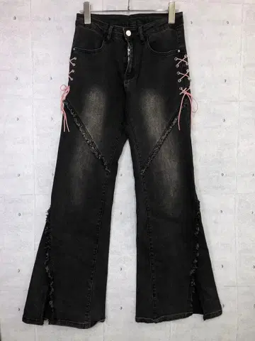 로맨틱 그런지 구제 의류 사이드 레이스업 덧댄 플레어 데님 팬츠