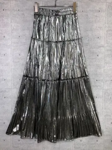 meridian 구제 의류 메탈릭 실버 티어드 플리츠 롱 스커트