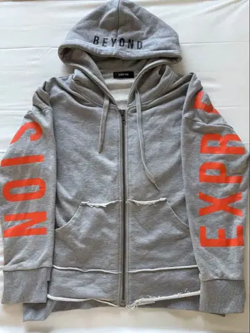 [ ENVYM ] 데미지 가공 집업 후드티 그레이 로고 소매 프린트