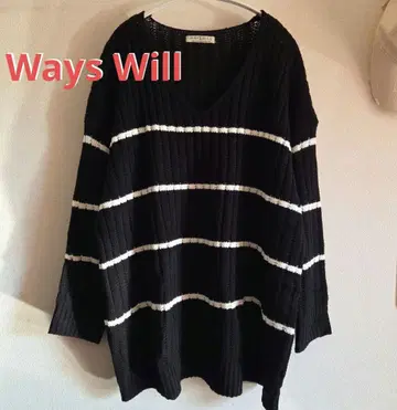 WAYS WILL 인기 V넥 니트 보더 무늬 BK
