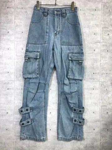 x-girl 구제 의류 로고 자수 아일렛 벨티드 카고 데님 카고 팬츠