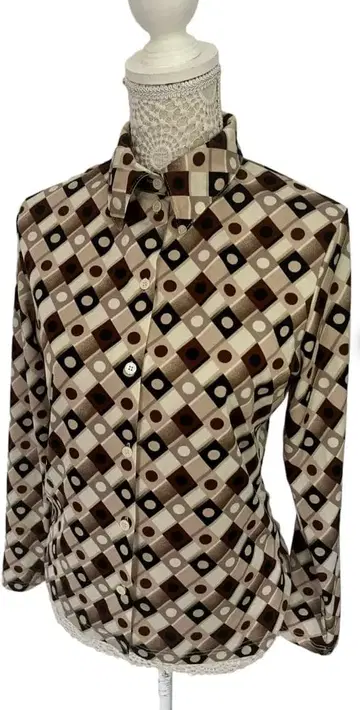 빈티지/1970년대 레트로 셔츠 모즈 셔츠 구제 의류 셔츠 도트 세피아