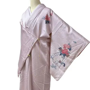 유57 기모노 츠케사게 핑크 꽃 무늬 순수 실크 기장 166cm