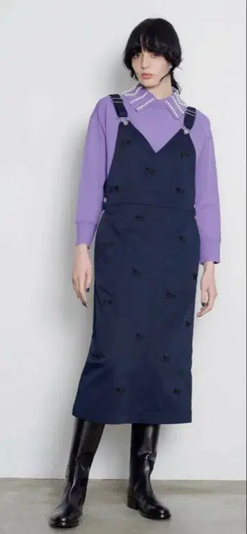 새상품급 MUVEIL x dickies 리본 오버롤 스커트