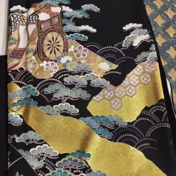 블랙 톰소데 골드 컬러 파도 무늬 기모노 리메이크 소재