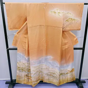 3712 호몬기 오렌지 브라운 자연의 패턴 이중 기모노 레트로 상품