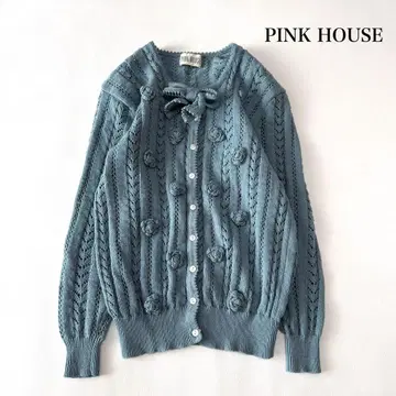 핑크하우스 로즈 모티브 가디건 리본 포함 시스루 니트 꽃 탁한