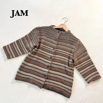 JAM 보더 니트 긴팔 가디건 브라운 계열 레트로 노카라