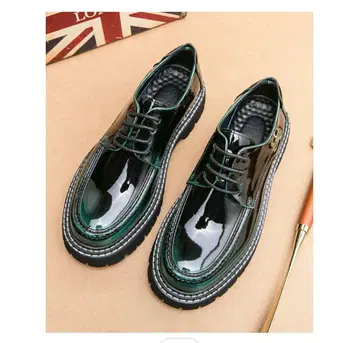 에나멜 통굽 레이스업 로퍼 블랙 x 그린 25.0cm
