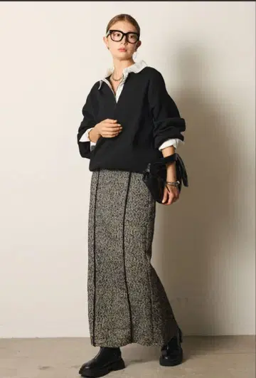 ESICA 라인 트위드 와이드 스커트 블랙