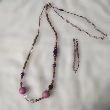 에네스베 비즈 롱 목걸이 팔찌 세트 핑크 보라색