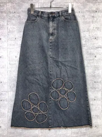 레트로 구제 의류 플라워 패치워크 에이징 가공 데님 롱 스커트