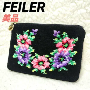 새상품급 FEILER 페이 꽃무늬 미니 파우치 슈니르 직조 블랙