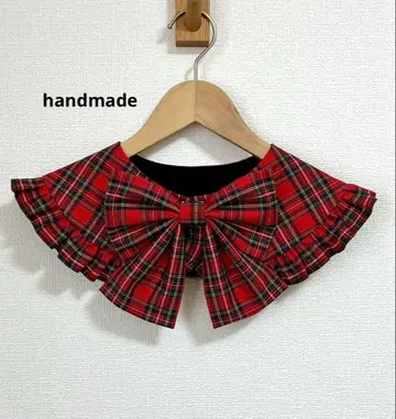 리본 프릴 탈부착 카라 빨간색 타탄 체크 패턴 [핸드메이드]