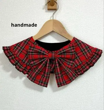 리본 프릴 탈부착 카라 빨간색 타탄 체크 패턴 [핸드메이드]