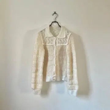 빈티지 시스루 니트 가디건 카라 부착 화이트 걸리시 레트로 M