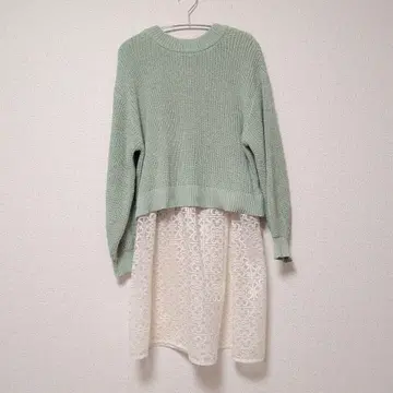 스튜디오 클립 꽈배기 풀오버 & 레이스 튜닉 세트 라이트 그린