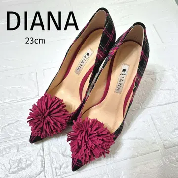DIANA 버건디 핑크 프린지 체크 트위드 펌프스 23cm 새상품급