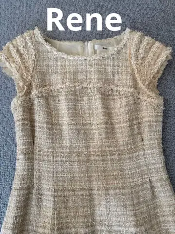 Rene 르네 베이지 트위드 반팔 원피스 레이스 프릴 TISSUR