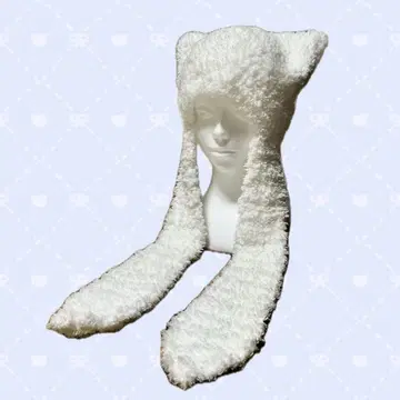 고양이 귀 니트 모자 복슬복슬 귀마개 화이트