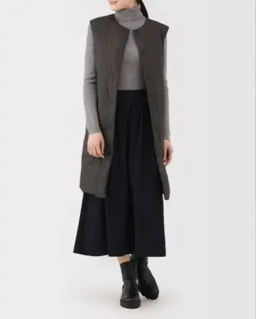 무인양품 경량 다운 포켓터블 노카라 롱 베스트 다크 브라운 XL