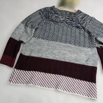 긴팔 니트 스웨터 F 사이즈 그레이/보르도