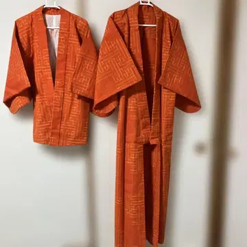 오렌지 기하학 패턴 롱 기장 기모노 겉옷과 도중기