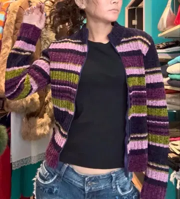 보더 스트라이프 니트 하이넥 y2k 해외 걸 가디건