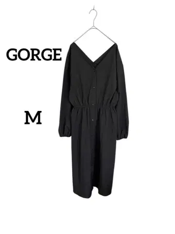 골지 셔츠 원피스 M 블랙 허리밴딩 V넥 깔끔한 무지