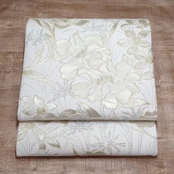 후쿠로 오비 옅은 금 백은 꽃 (재단 포함)