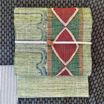 나고야 오비 밝은 그린 계열 기하학 패턴 팔촌 나고야 오비 순수 실크