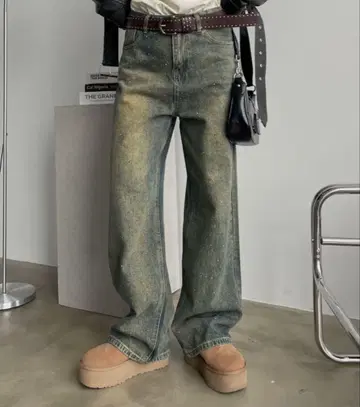 오로라 큐빅 장식 빈티지 루즈 데님 팬츠