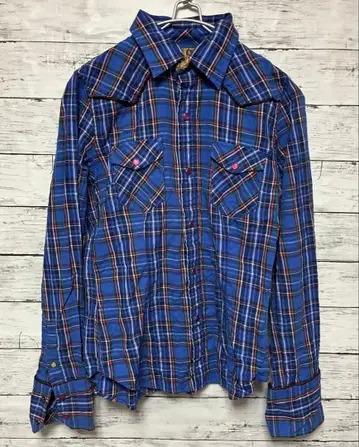 백 넘버 체크 셔츠 긴팔 블루 계열