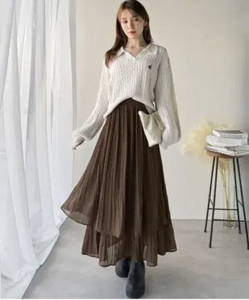 플리츠 시어 티어드 롱 스커트