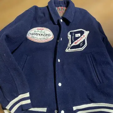 men's 바시티 자켓 사이즈 L. 80년대 빈티지 네이비 스타디움 자켓