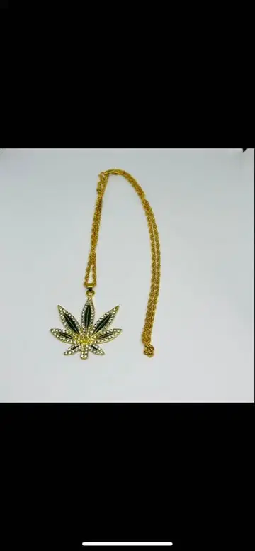 리프 모티브 목걸이 골드 x 그린 x 큐빅 힙합 스타일