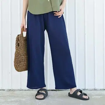 사이후쿠 배를 감싸는 / 늘어나는 면린넨 와이드 팬츠 잉크 블루