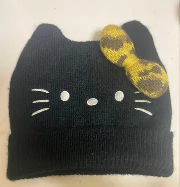 레어 헬로키티 고양이 귀&리본 니트 모자 블랙 새상품급 공식 상품