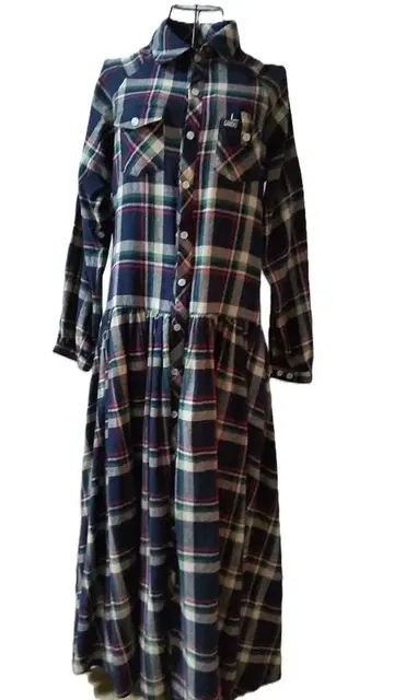 네이비 체크 셔츠 원피스 코튼 긴팔 플레어 맥시