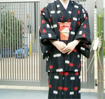 [착용 예 있음] 울 앙상블 기모노+겉옷 세트 겉옷 끈 포함 레트로 모던